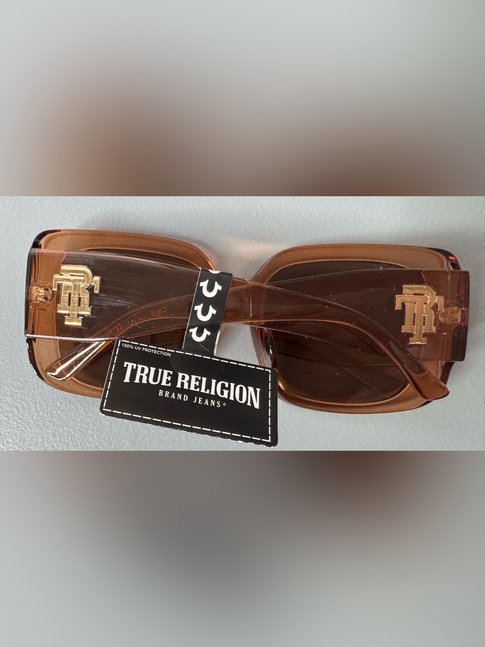 True Religion Women's Square Oversized transparent Sunglasses Amber Brown gold - Picture 3 of 6